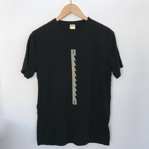 Super soft black men's bamboo and cotton t shirt with a silk screened graphis of a saw blade