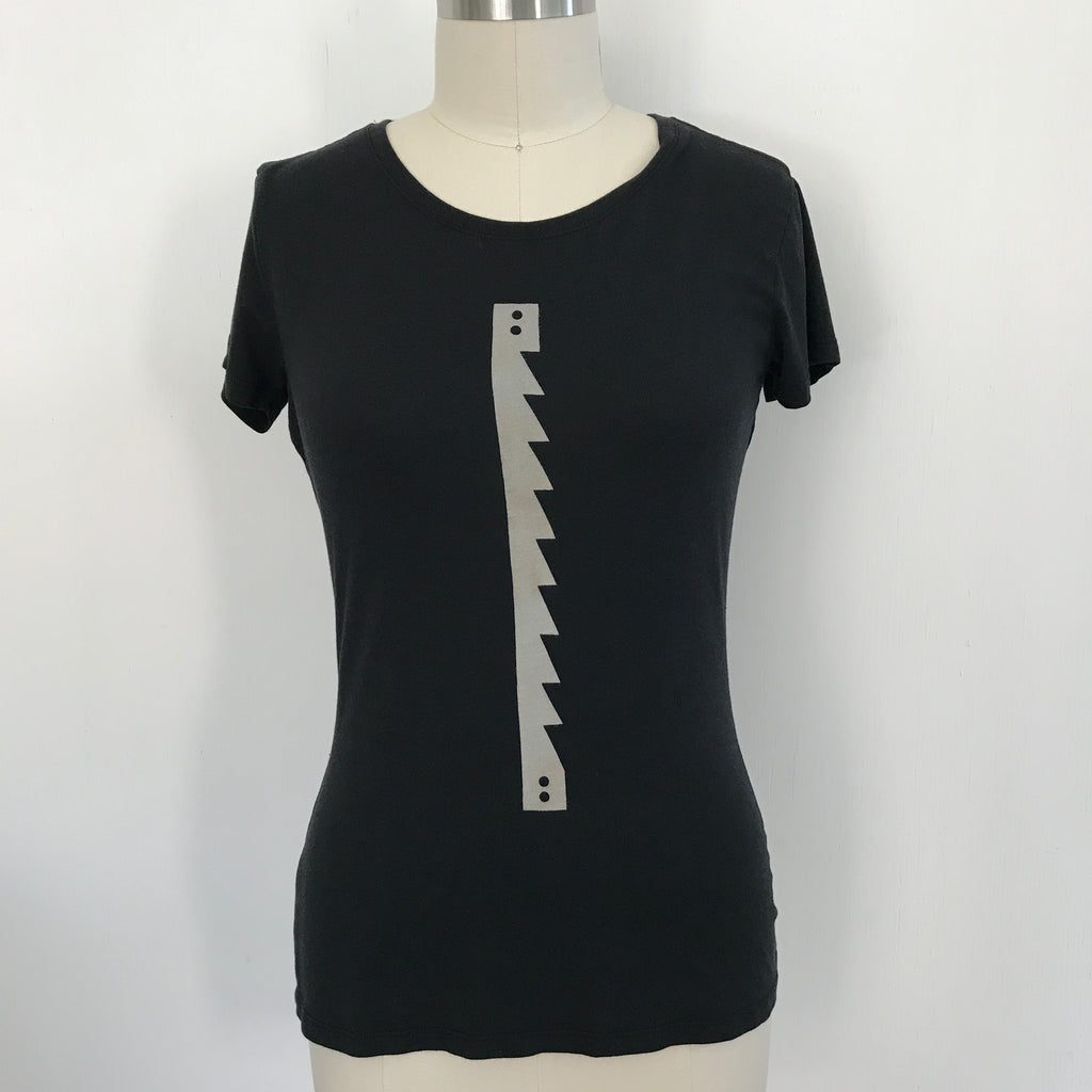 Super soft women's bamboo and cotton t shirt in black with a saw blade graphic.